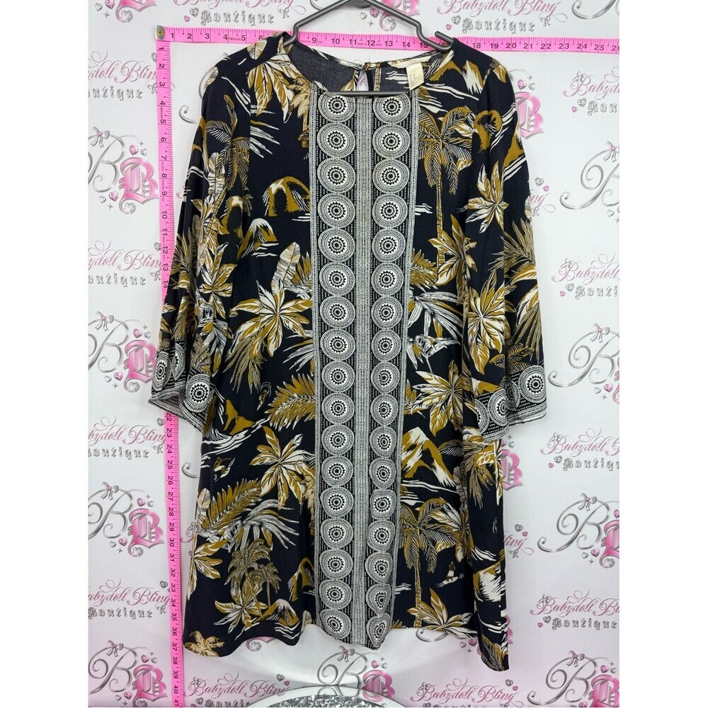 H&M dress tiki Black Tunic with Mustard & Cream Tropical Print